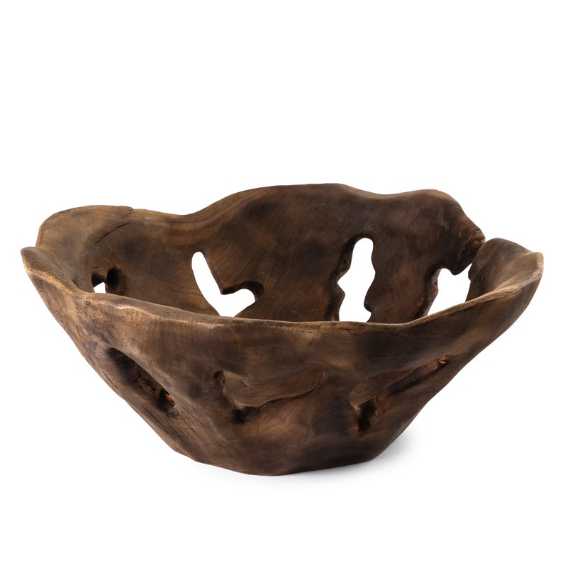 Unique wooden, natural bowl handcrafted from solid ash wood, flame-burned.