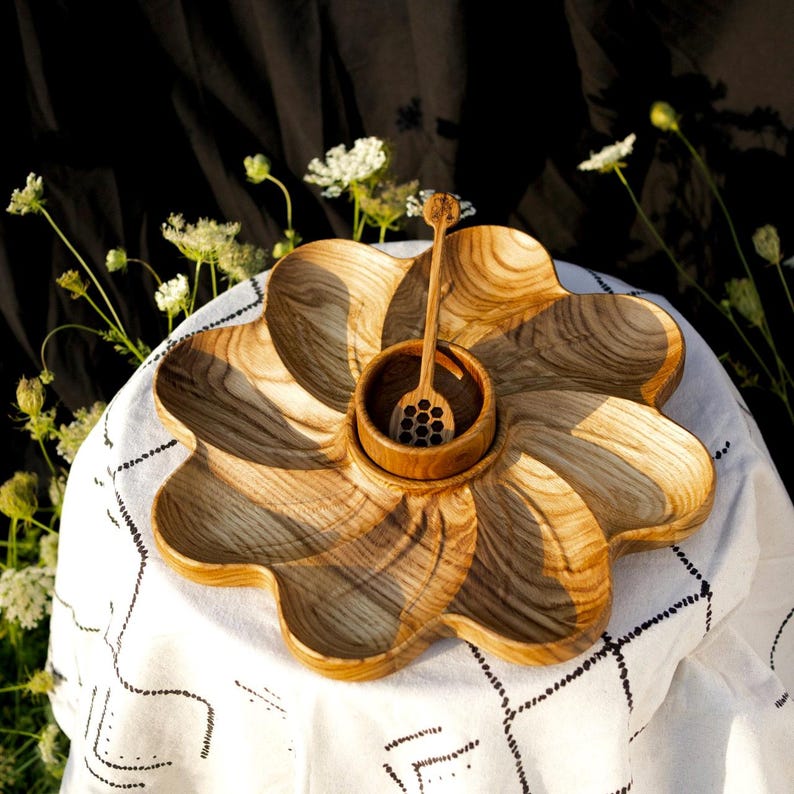 Appetizer Plate for Summer Picnics and BBQ, Rustic Snack Wooden Dish with Sections and Dip Bowl, Outdoor Charcuterie Serving Tray Gift