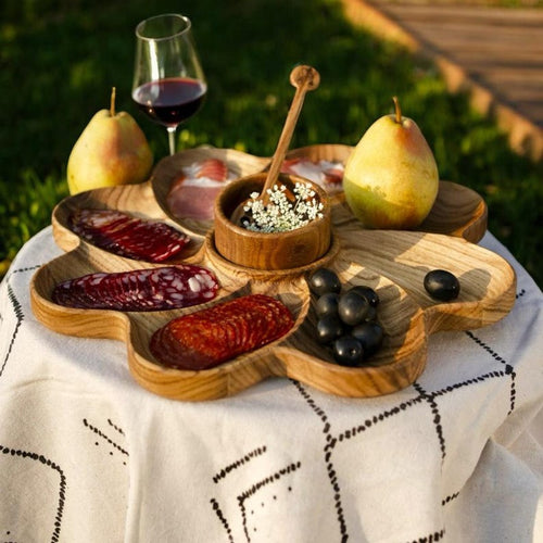 Appetizer Plate for Summer Picnics and BBQ, Rustic Snack Wooden Dish with Sections and Dip Bowl, Outdoor Charcuterie Serving Tray Gift